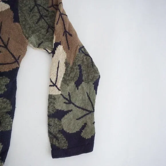 Vintage Christopher Banks Taupe Leaf Botanical Pattern Button Knit Cardigan L - Picture 10 of 10